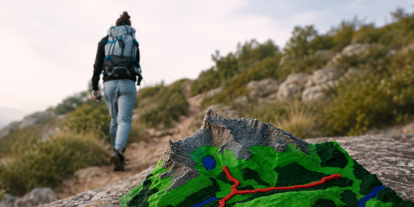 A person hiking up a rocky mountain trail seen from behind, wearing a large gray and black backpack. In the foreground, a colorful, textured hiking map with green terrain, blue water, and a red path lies on the rock. perfect for a gift.